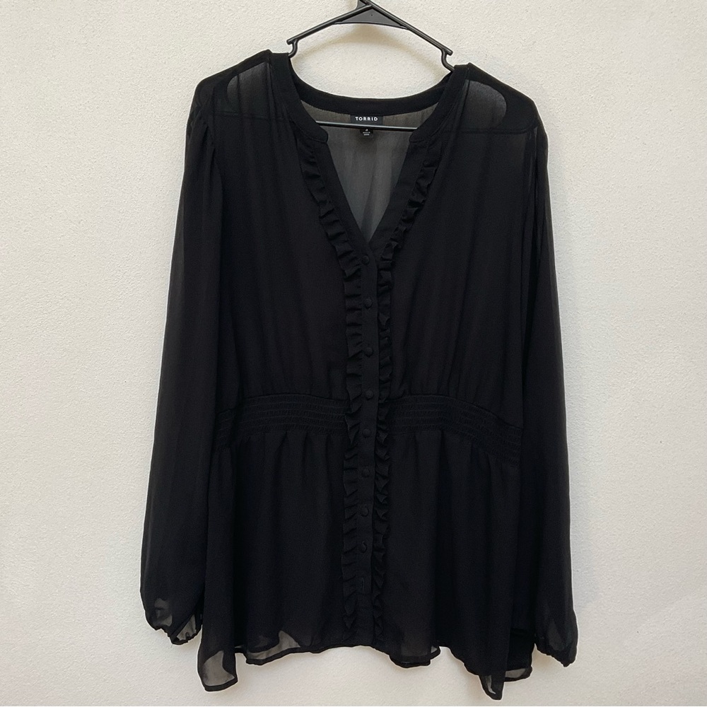 Torrid Black Sheer Flowy Ruffle Front Button Down Blouse Size 3X Neutral Dressy
